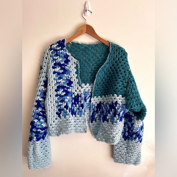 Handmade Crochet Open Cardigan - Teal and Light Blue - Picture 2 of 6